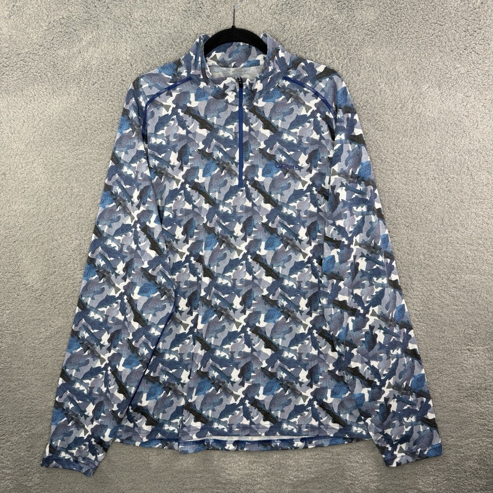 Orvis Men's Quarter Zip Pullover Lightweight Fishing Shirt Blue Fish Pattern XXL